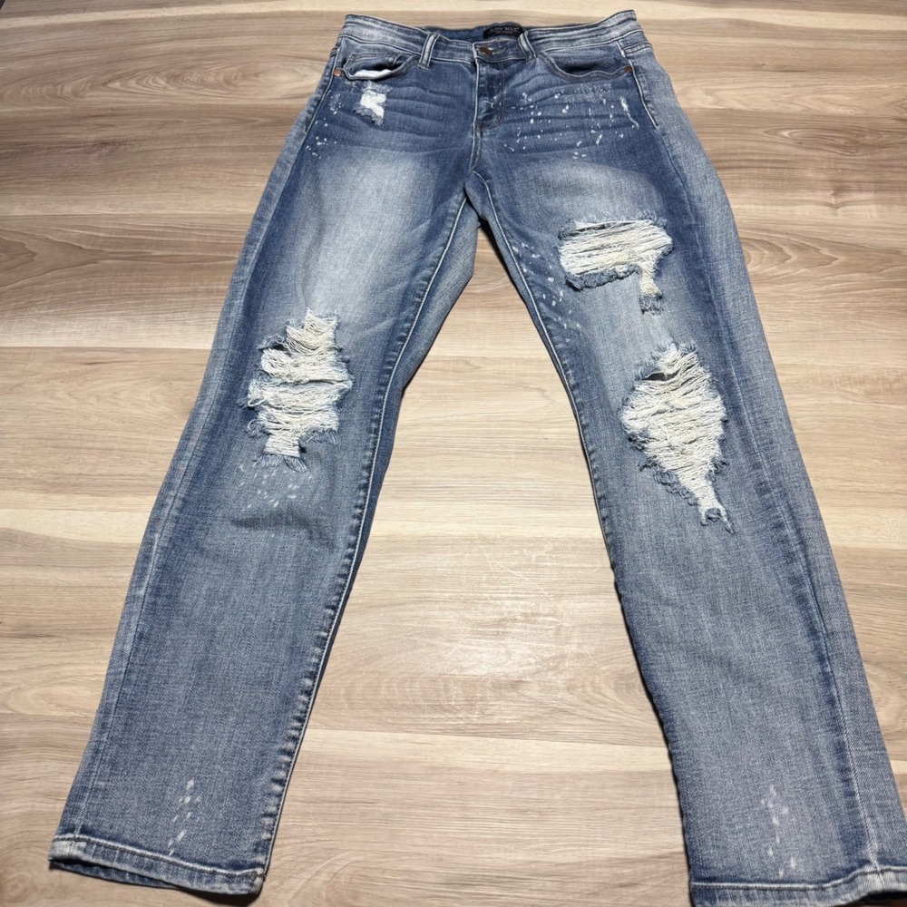 Judy Blue Boyfriend Jeans Womens 7/28 Blue Distressed Paint Splatter JB82169LT